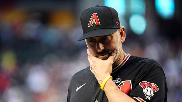 Torey Lovullo walks to the mound during a pitching change World Series game 4, Oct 31, 2023